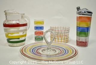 Set of Mid Century Bright Stripe Glassware Including Pitchers and Tid Bit Tray.