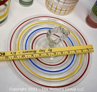 Set of Mid Century Bright Stripe Glassware Including Pitchers and Tid Bit Tray.