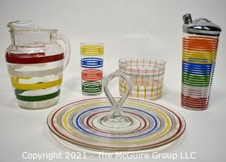 Set of Mid Century Bright Stripe Glassware Including Pitchers and Tid Bit Tray.