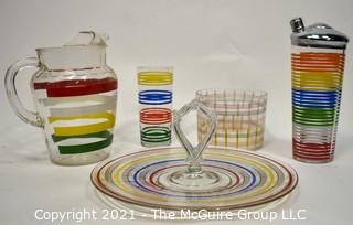 Set of Mid Century Bright Stripe Glassware Including Pitchers and Tid Bit Tray.