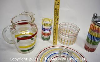 Set of Mid Century Bright Stripe Glassware Including Pitchers and Tid Bit Tray.