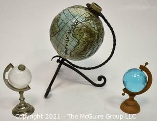 Three (3) Decorative Globes Including a Deutscher Weinbrand Creative World Globe Decanter
