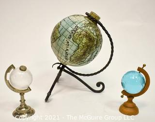 Three (3) Decorative Globes Including a Deutscher Weinbrand Creative World Globe Decanter
