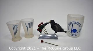 Group of Art Deco Items Including 1939 New York Worlds Fair Frosted Souvenir Glass, Chrome with Bakelite Knob Bird Shaped Cocktail Hor D’oeuvre Pick Set and Me & You Frosted Cocktail Glasses.