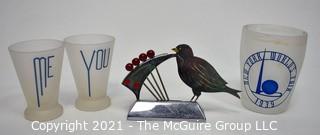 Group of Art Deco Items Including 1939 New York Worlds Fair Frosted Souvenir Glass, Chrome with Bakelite Knob Bird Shaped Cocktail Hor D’oeuvre Pick Set and Me & You Frosted Cocktail Glasses.