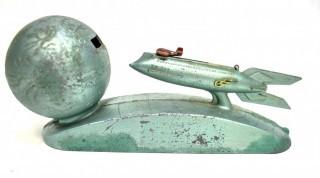 Vintage Duro Mold Strato Rocket Ship and Moon Mechanical Bank 