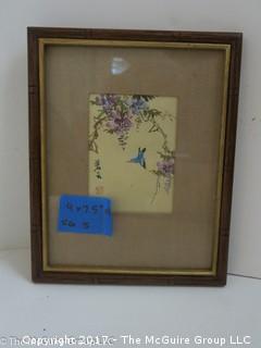 Small framed oriental art of small blue bird (9 x 7.5 OD)