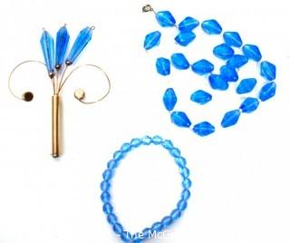 Three (3) Pieces of Vintage Blue Cut Glass Jewelry Including Brooch and Bead Necklaces. 