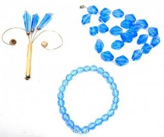 Three (3) Pieces of Vintage Blue Cut Glass Jewelry Including Brooch and Bead Necklaces. 