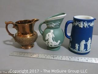 Collection of 3 pitchers including Jasperware and Lusterware 