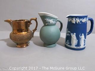 Collection of 3 pitchers including Jasperware and Lusterware 