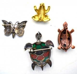 Four (4) Enamel & Marcasite Costume Jewelry Brooches or Pins. 