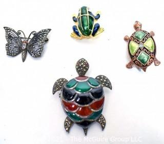 Four (4) Enamel & Marcasite Costume Jewelry Brooches or Pins. 