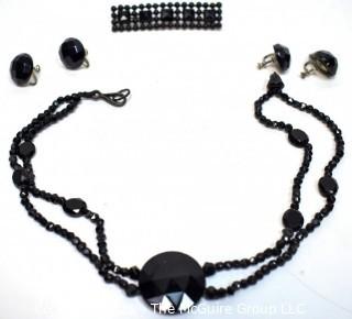 Collection of Vintage Cut Black Glass or French Jet Jewelry.