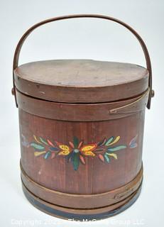 Antique Primitive Folk Art Painted Firkin or Sugar Bucket. Measures 12" tall excluding handle x 12" diameter.