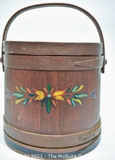 Antique Primitive Folk Art Painted Firkin or Sugar Bucket. Measures 12" tall excluding handle x 12" diameter.