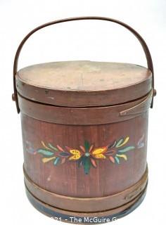 Antique Primitive Folk Art Painted Firkin or Sugar Bucket. Measures 12" tall excluding handle x 12" diameter.