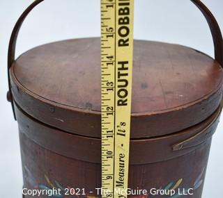 Antique Primitive Folk Art Painted Firkin or Sugar Bucket. Measures 12" tall excluding handle x 12" diameter.