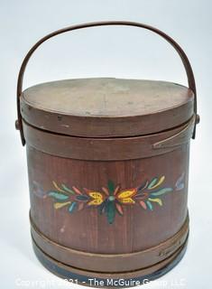 Antique Primitive Folk Art Painted Firkin or Sugar Bucket. Measures 12" tall excluding handle x 12" diameter.