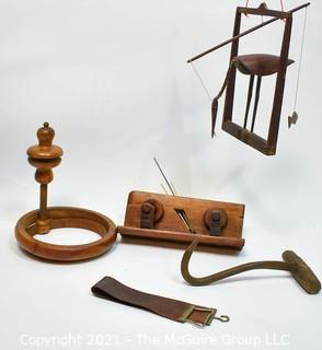 Collection of Vintage Wooden Tools including hay fork and Balancing Art Piece. 