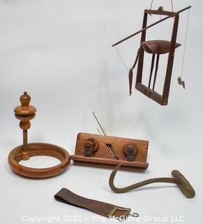 Collection of Vintage Wooden Tools including hay fork and Balancing Art Piece. 