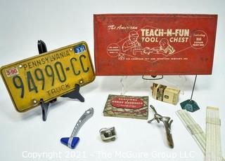 Miscellaneous Group Including PA License Plate, Desk Items, Doctors Instruments and Toy Tool Box.