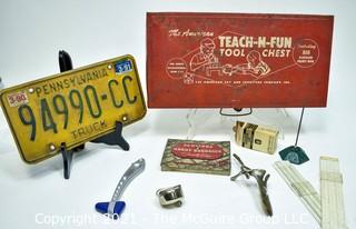 Miscellaneous Group Including PA License Plate, Desk Items, Doctors Instruments and Toy Tool Box.