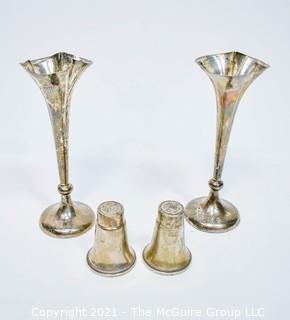 Group of Sterling Silver Items Including Bud Vases and Weighted Shakers. 