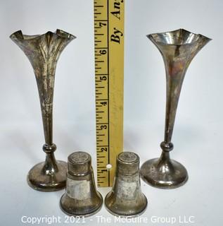 Group of Sterling Silver Items Including Bud Vases and Weighted Shakers. 