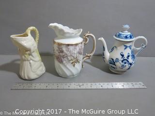 Collection of 3 pitchers; including hallmarks Belleek, Germany PRG and TK