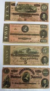 (4) 1864 Confederate Currency Notes: 2, 5, 10, 100