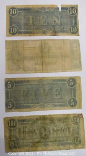 (4) 1864 Confederate Currency Notes: 2, 5, 10, 100