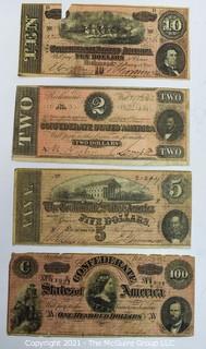 (4) 1864 Confederate Currency Notes: 2, 5, 10, 100