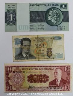 (3) Banknotes.  Belgium, Paraguay and Brazil.