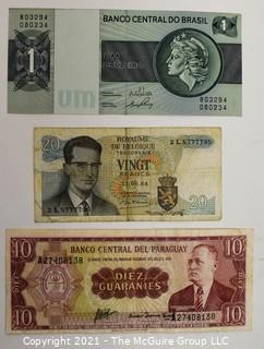 (3) Banknotes.  Belgium, Paraguay and Brazil.