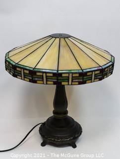 Tiffany Style Table Lamp With Mission Design Art Stained Glass Shade.