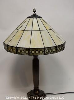 Tiffany Style Table Lamp With Mission Design Art Stained Glass Shade. Missing shade attachments and harp.