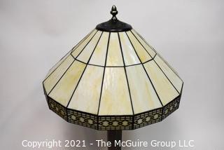 Tiffany Style Table Lamp With Mission Design Art Stained Glass Shade. Missing shade attachments and harp.