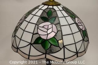 Tiffany Style Table Lamp With Flower Design Stained Glass Shade.  Missing harp and attachments.