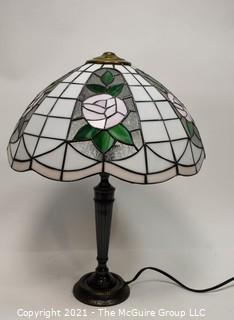 Tiffany Style Table Lamp With Flower Design Stained Glass Shade.  Missing harp and attachments.