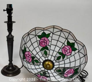 Tiffany Style Table Lamp With Flower Design Stained Glass Shade.  Missing harp and attachments.