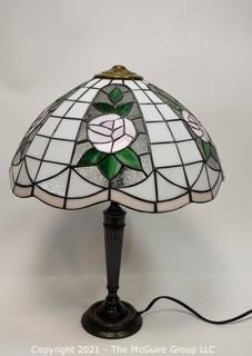 Tiffany Style Table Lamp With Flower Design Stained Glass Shade.  Missing harp and attachments.