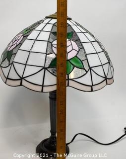 Tiffany Style Table Lamp With Flower Design Stained Glass Shade.  Missing harp and attachments.