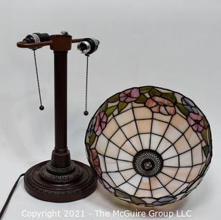 Tiffany Style Table Lamp With Flower Design Stained Glass Shade.  Missing Harp and Attachments. 