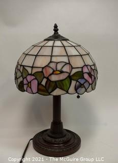 Tiffany Style Table Lamp With Flower Design Stained Glass Shade.  Missing Harp and Attachments. 