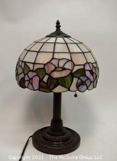 Tiffany Style Table Lamp With Flower Design Stained Glass Shade.  Missing Harp and Attachments. 