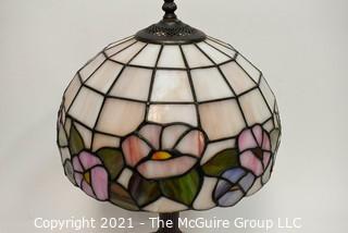 Tiffany Style Table Lamp With Flower Design Stained Glass Shade.  Missing Harp and Attachments. 