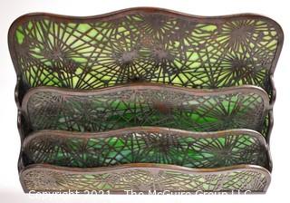 Antique Art Nouveau Tiffany Studios, NY, Pine Needle Four Tier Letter Holder Made of Green Mottled Slag Glass and Etched Bronze. Cracks in Back Glass that do not impact integrity of piece.  Review Photos.  It measures 13"L x 9"T x 4"W.