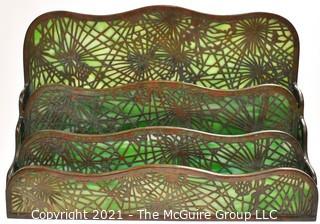 Antique Art Nouveau Tiffany Studios, NY, Pine Needle Four Tier Letter Holder Made of Green Mottled Slag Glass and Etched Bronze. Cracks in Back Glass that do not impact integrity of piece.  Review Photos.  It measures 13"L x 9"T x 4"W.