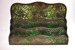 Antique Art Nouveau Tiffany Studios, NY, Pine Needle Four Tier Letter Holder Made of Green Mottled Slag Glass and Etched Bronze. Cracks in Back Glass that do not impact integrity of piece.  Review Photos.  It measures 13"L x 9"T x 4"W.